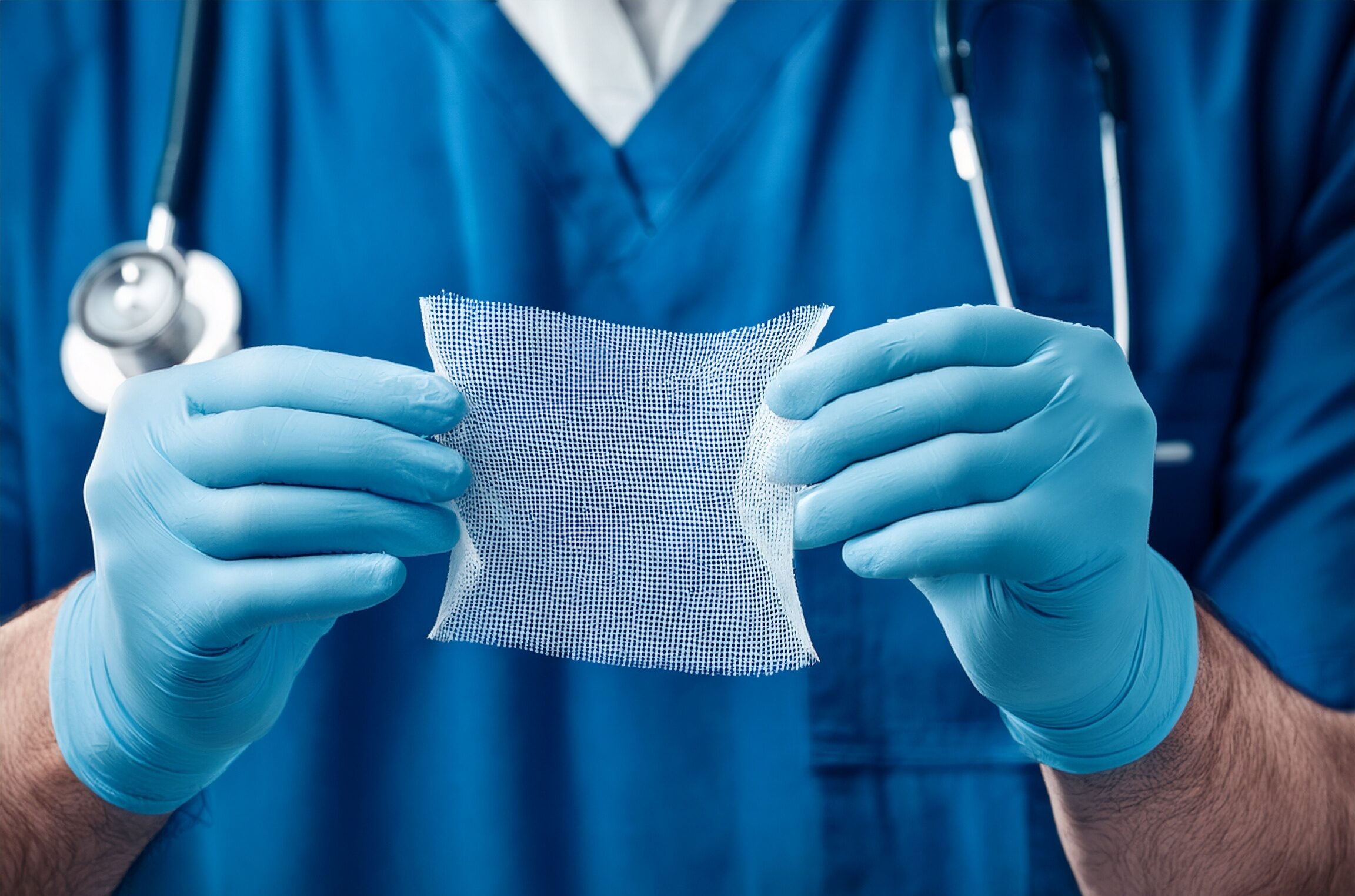 surgical mesh implant held by doctor in blue scrubs and gloves, ready for hernia repair or other surgical procedure